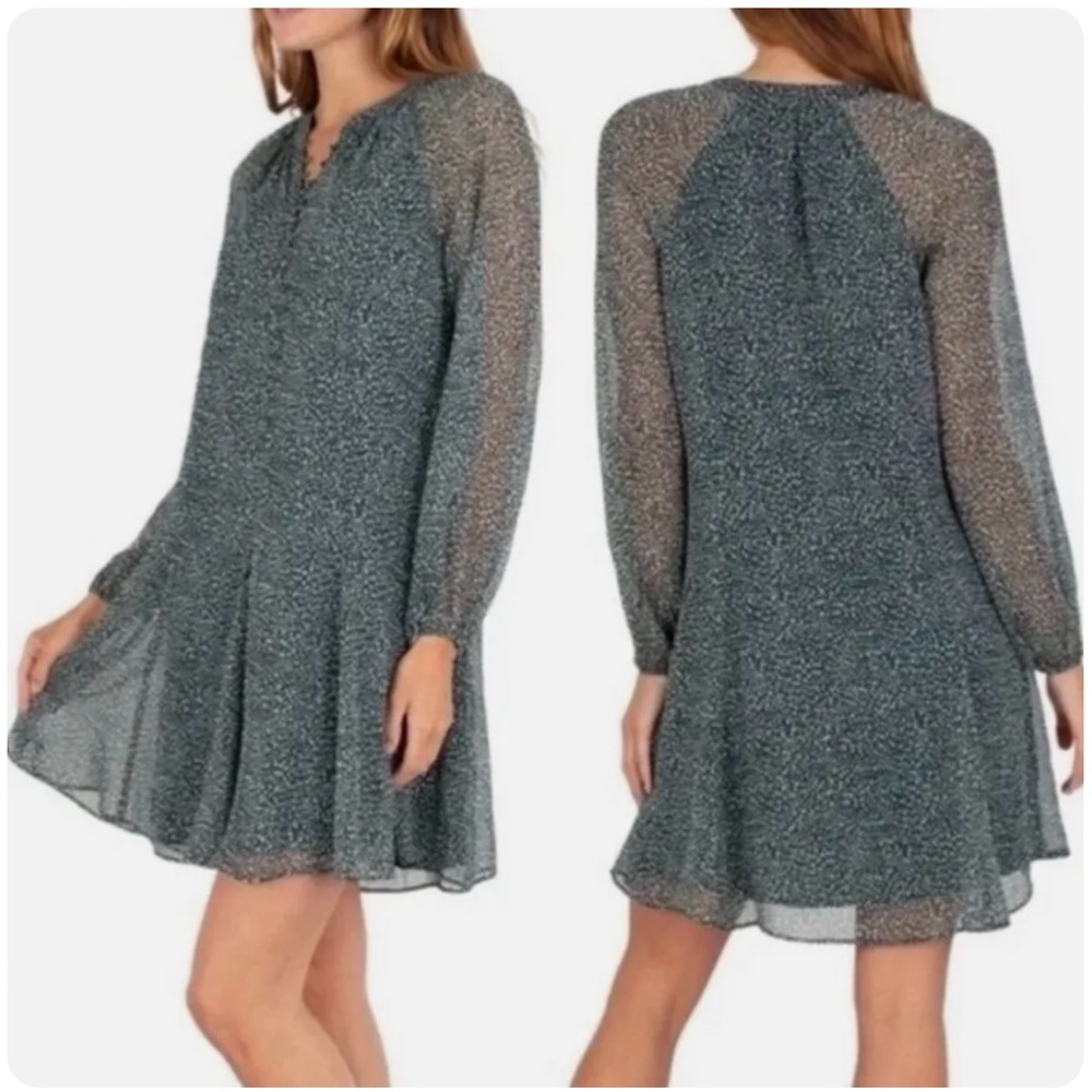 Joie Green Polka Dot Mini Dress Balloon Long Sleeve Shift Size L Chiffon